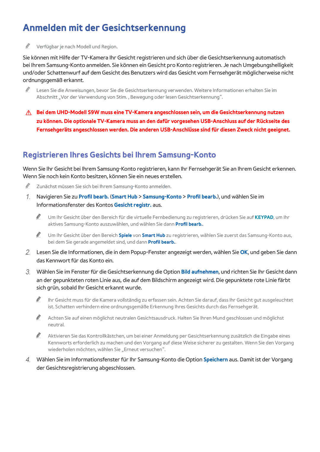 Samsung UE55HU8505QXXE manual Anmelden mit der Gesichtserkennung, Registrieren Ihres Gesichts bei Ihrem Samsung-Konto 