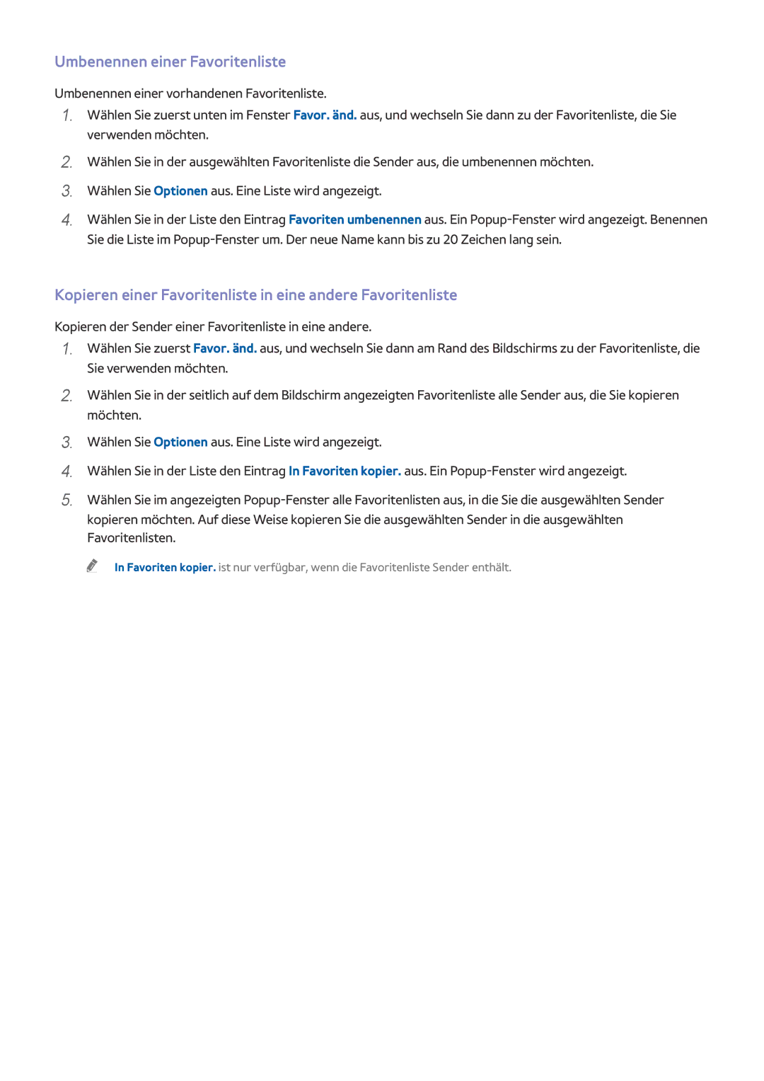 Samsung UE55HU8500LXXH manual Umbenennen einer Favoritenliste, Kopieren einer Favoritenliste in eine andere Favoritenliste 