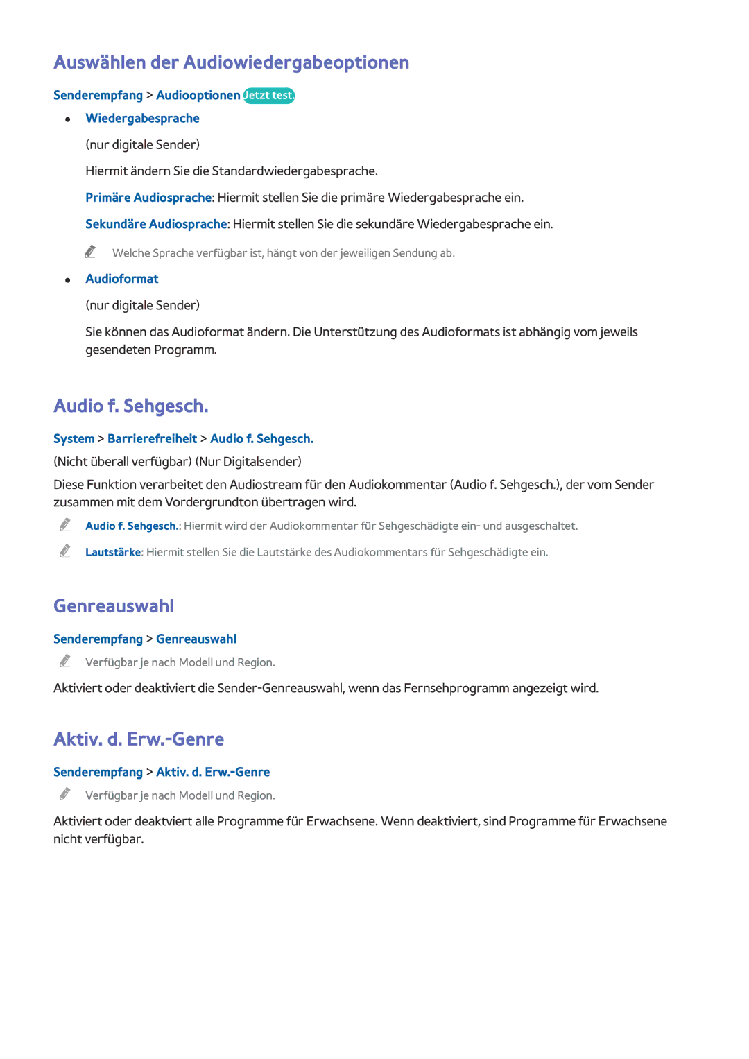 Samsung UE55HU8500LXZF manual Auswählen der Audiowiedergabeoptionen, Audio f. Sehgesch, Genreauswahl, Aktiv. d. Erw.-Genre 