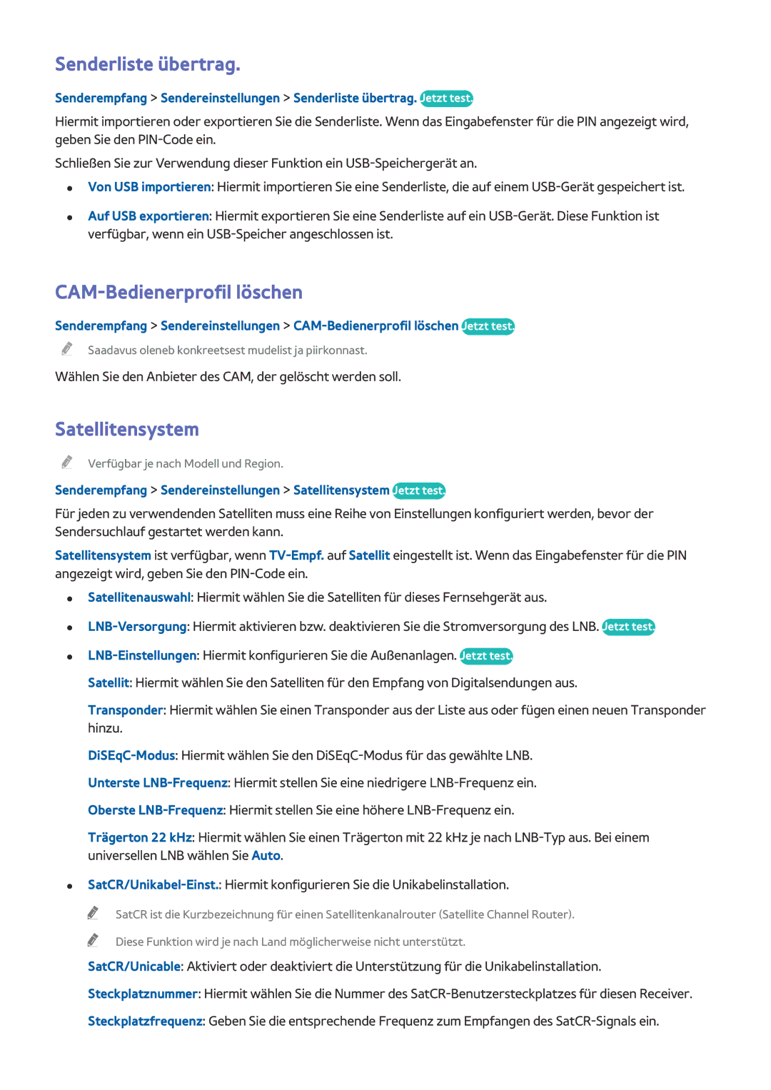 Samsung UE105S9WALXZG, UE65HU8500LXXH, UE65HU8580QXZG Senderliste übertrag, CAM-Bedienerprofil löschen, Satellitensystem 