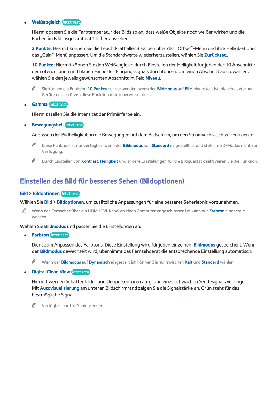 Samsung UE55HU8500LXTK, UE65HU8500LXXH manual Einstellen des Bild für besseres Sehen Bildoptionen, Weißabgleich Jetzt test 