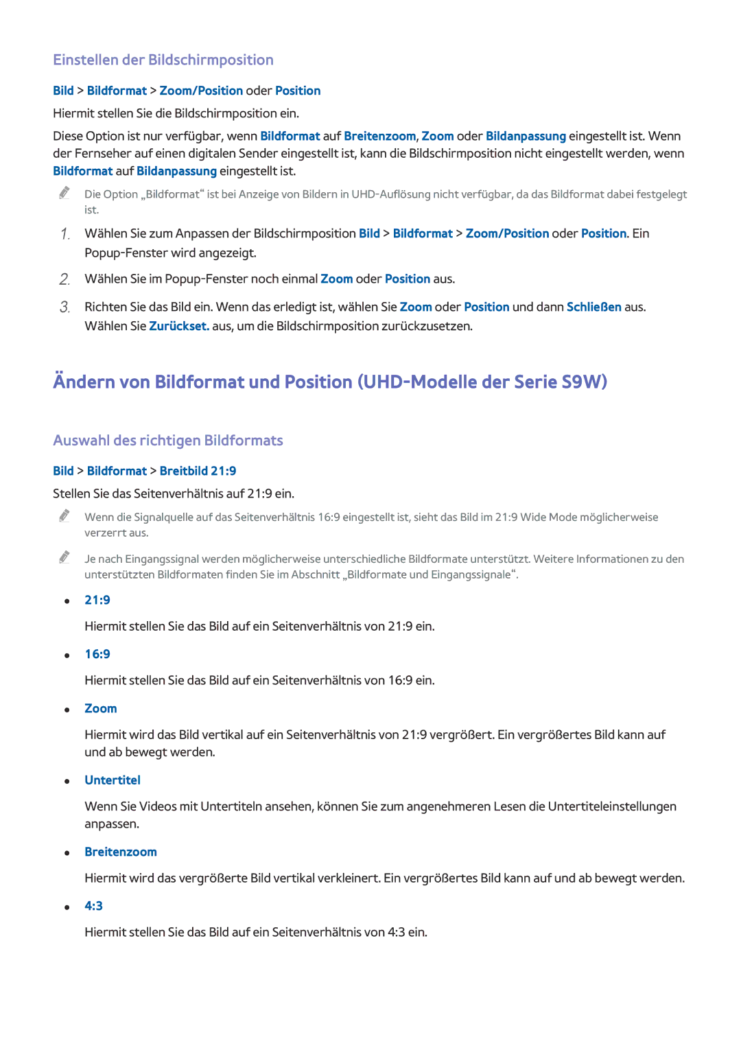 Samsung UE55HU8500LXZF Einstellen der Bildschirmposition, Bild Bildformat Zoom/Position oder Position, 219, Untertitel 
