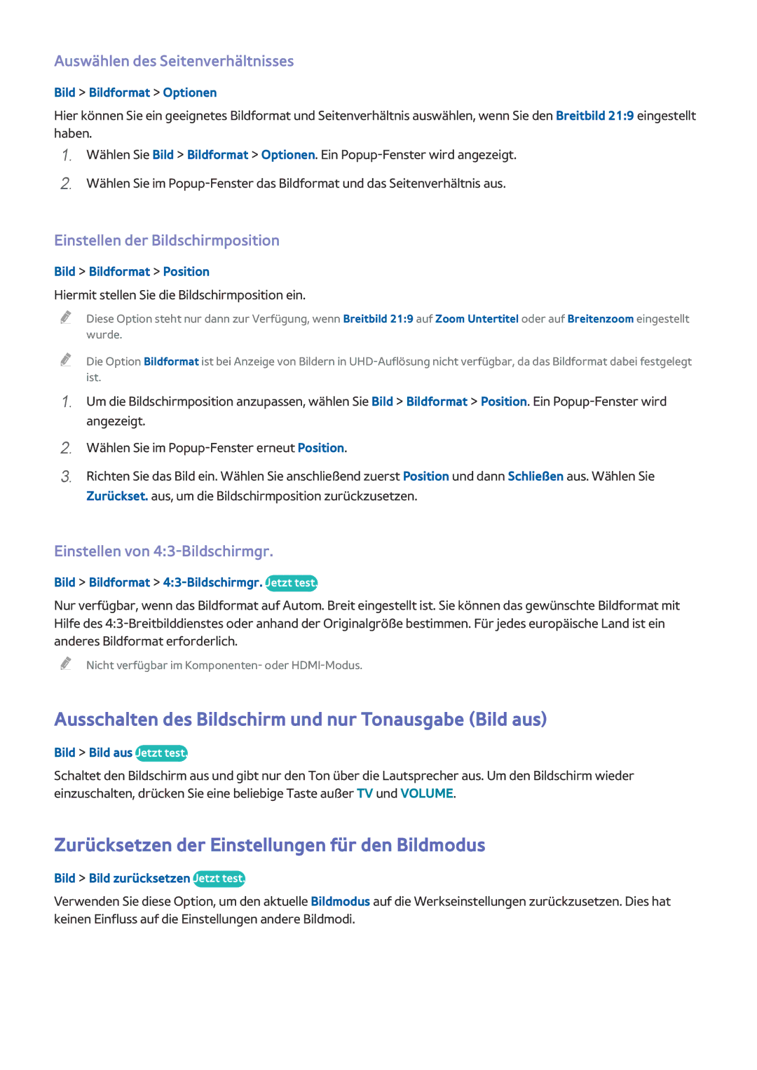 Samsung UE65HU8500LXXH manual Ausschalten des Bildschirm und nur Tonausgabe Bild aus, Auswählen des Seitenverhältnisses 