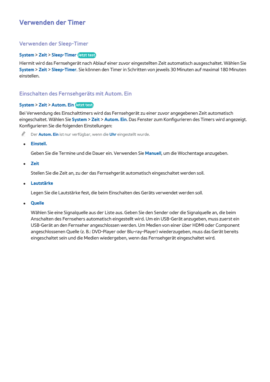 Samsung UE55HU8590VXZG manual Verwenden der Timer, Verwenden der Sleep-Timer, Einschalten des Fernsehgeräts mit Autom. Ein 