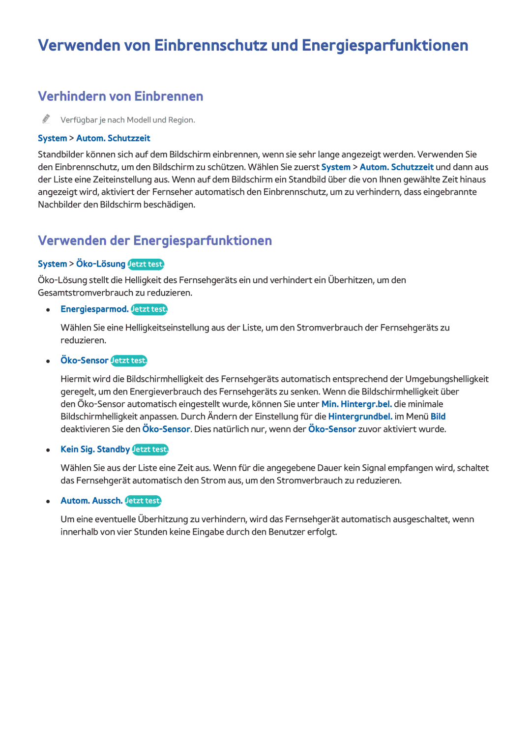 Samsung UE65HU8500LXXC, UE65HU8500LXXH Verwenden von Einbrennschutz und Energiesparfunktionen, Verhindern von Einbrennen 