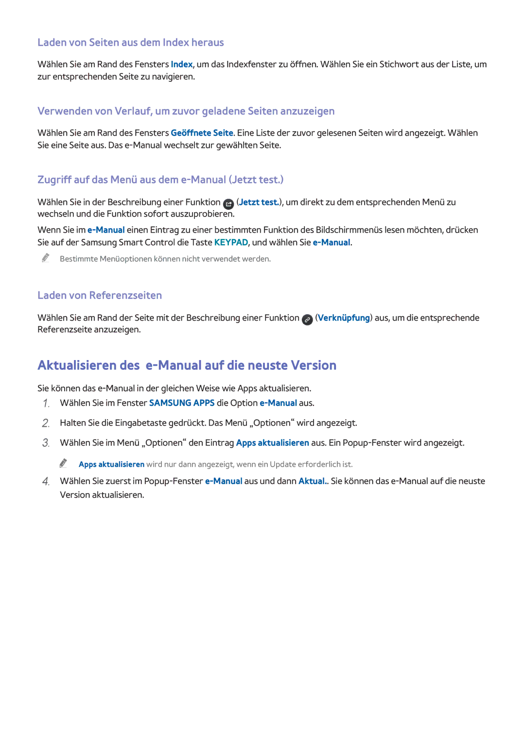 Samsung UE55HU8500LXZF manual Aktualisieren des e-Manual auf die neuste Version, Laden von Seiten aus dem Index heraus 