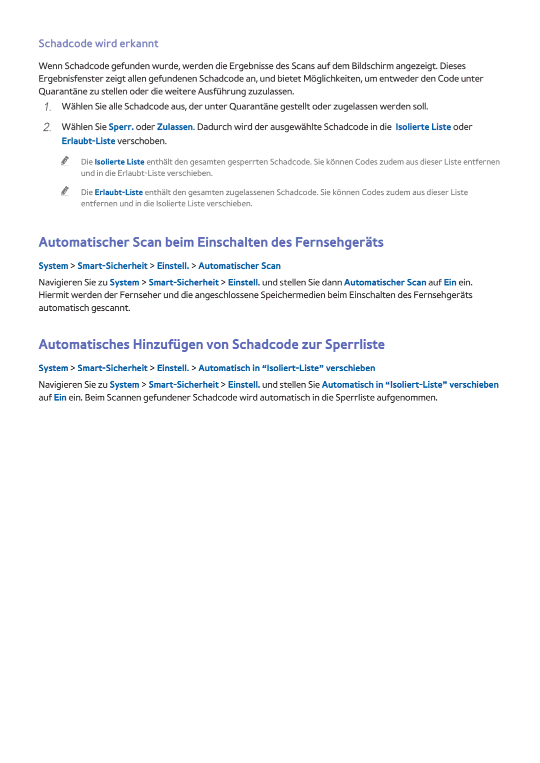 Samsung UE105S9WALXZG, UE65HU8500LXXH manual Automatischer Scan beim Einschalten des Fernsehgeräts, Schadcode wird erkannt 