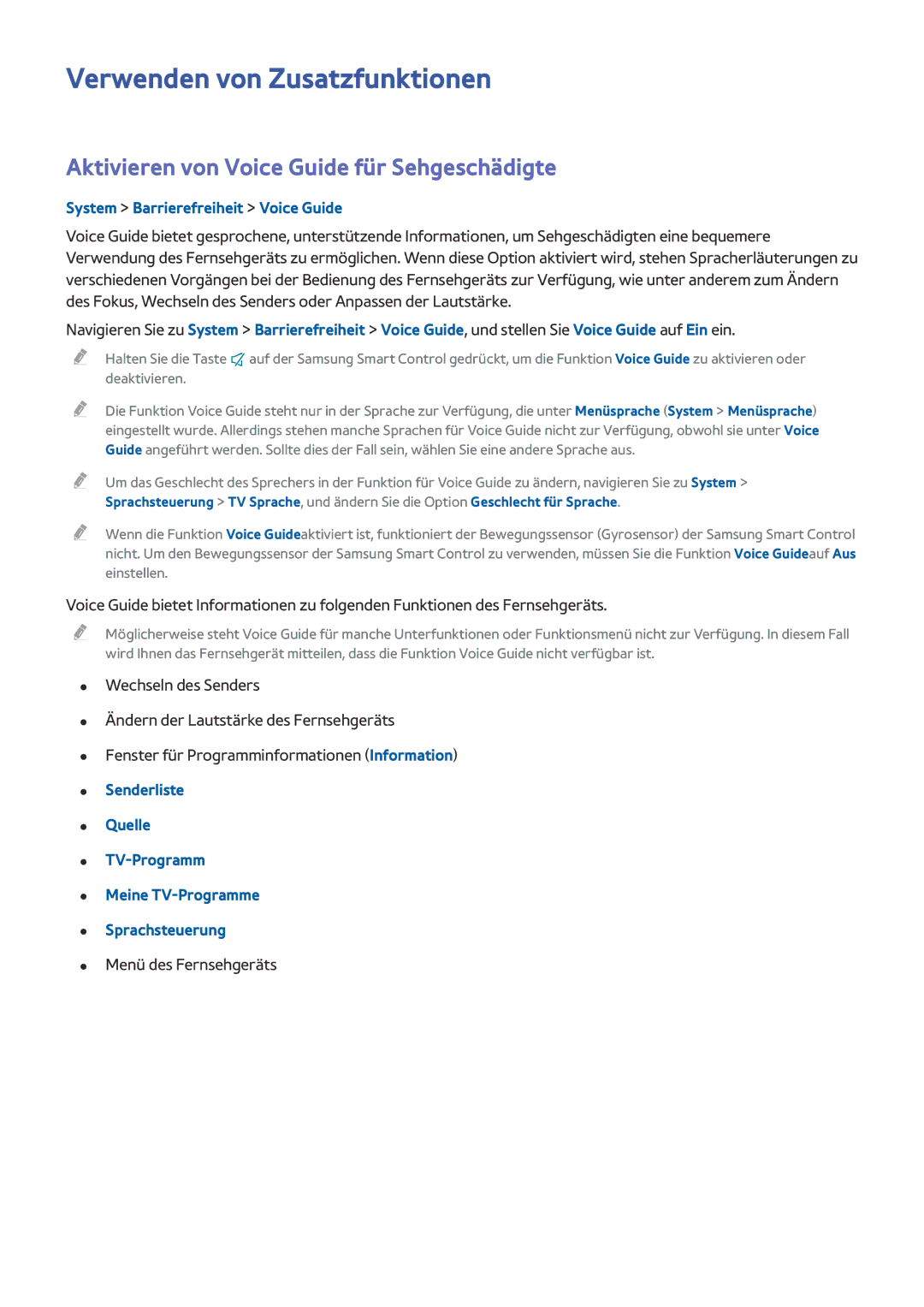 Samsung UE55HU8500LXXC, UE65HU8500LXXH manual Verwenden von Zusatzfunktionen, Aktivieren von Voice Guide für Sehgeschädigte 