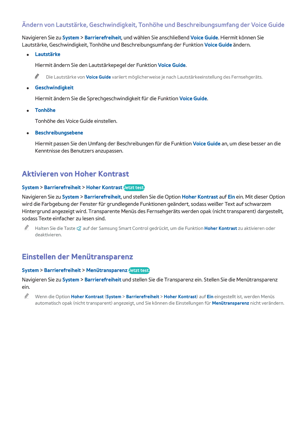 Samsung UE55HU8505QXXE, UE65HU8500LXXH, UE65HU8580QXZG manual Aktivieren von Hoher Kontrast, Einstellen der Menütransparenz 