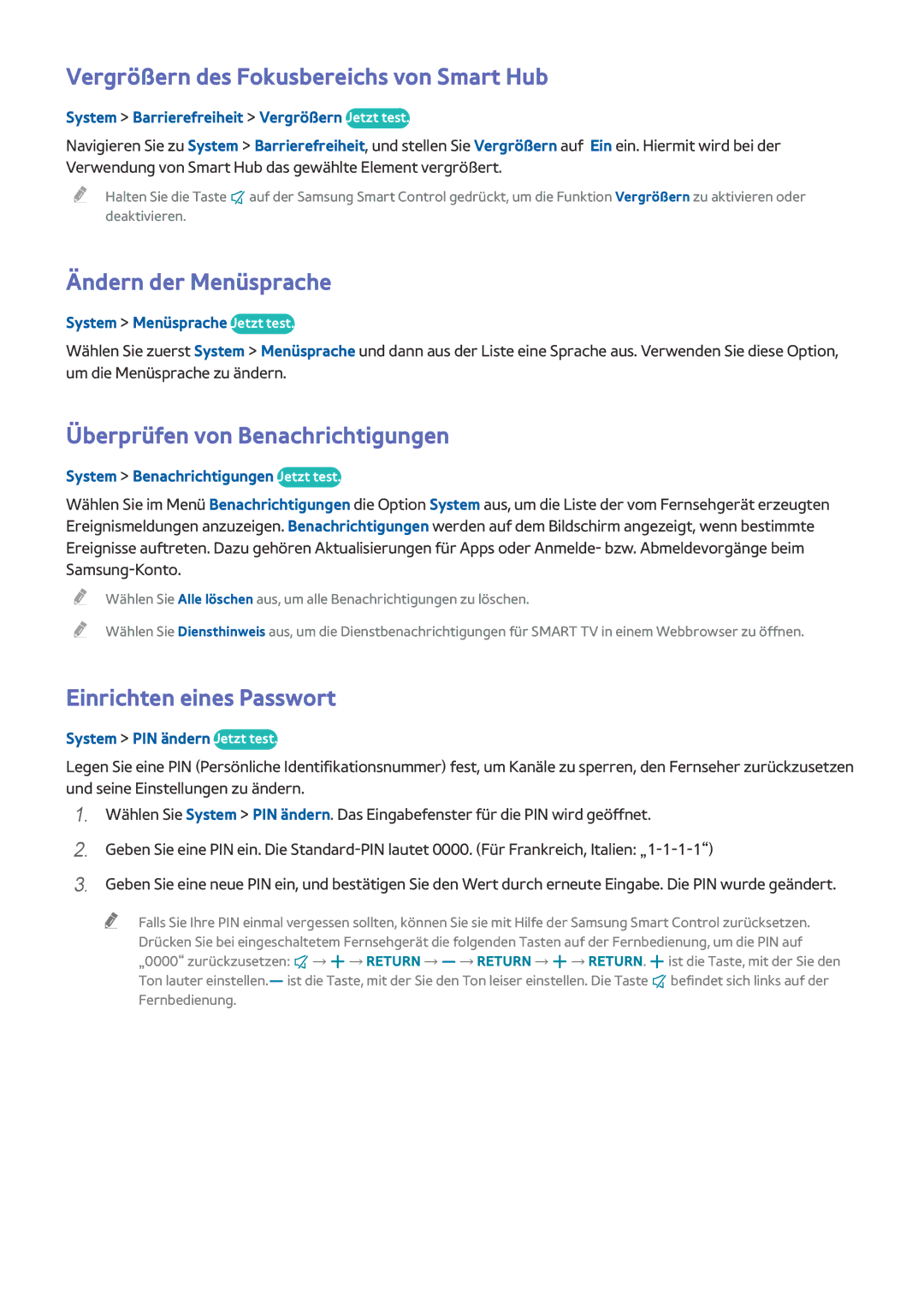 Samsung UE78HU8500LXXH manual Vergrößern des Fokusbereichs von Smart Hub, Ändern der Menüsprache, Einrichten eines Passwort 