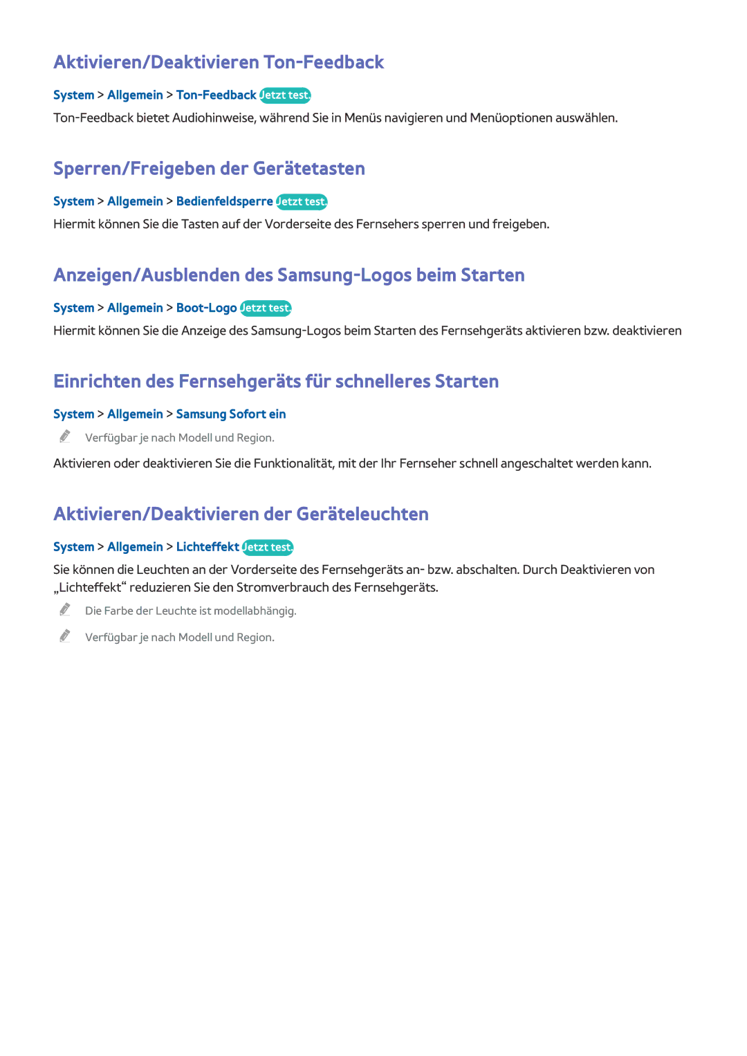 Samsung UE78HU8590VXZG, UE65HU8500LXXH manual Aktivieren/Deaktivieren Ton-Feedback, Sperren/Freigeben der Gerätetasten 