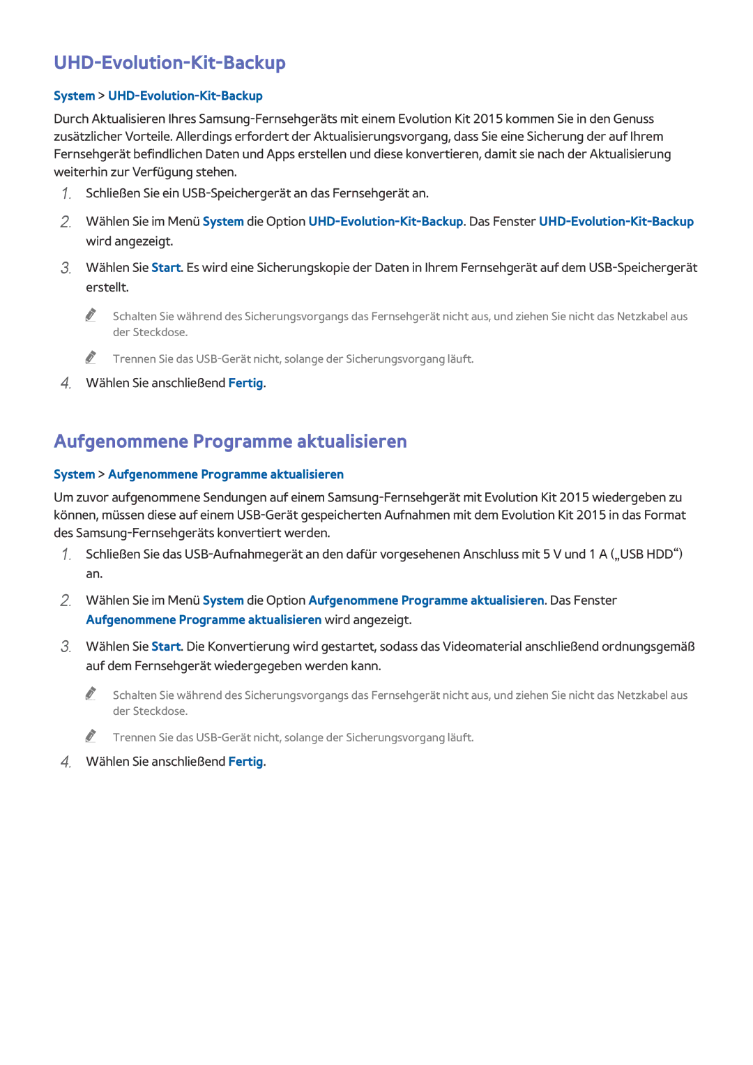 Samsung UE55HU8500LXTK, UE65HU8500LXXH manual Aufgenommene Programme aktualisieren, System UHD-Evolution-Kit-Backup 