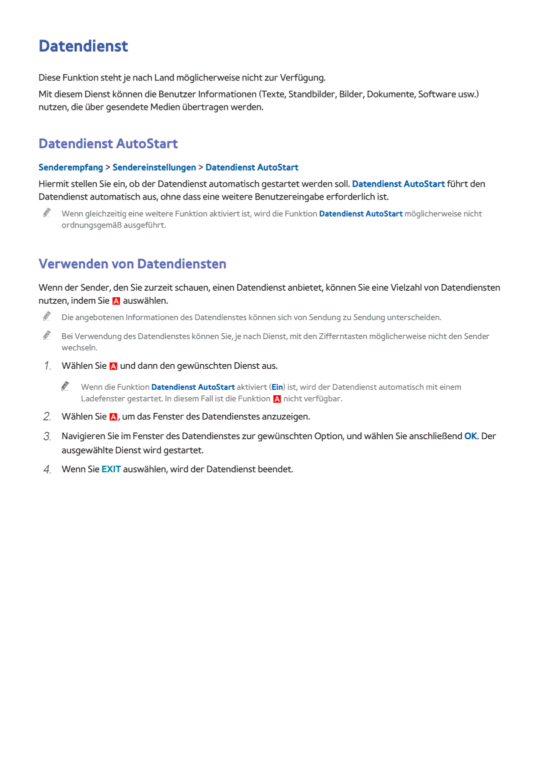 Samsung UE65HU8500LXTK, UE65HU8500LXXH, UE65HU8580QXZG, UE105S9WALXZG Datendienst AutoStart, Verwenden von Datendiensten 