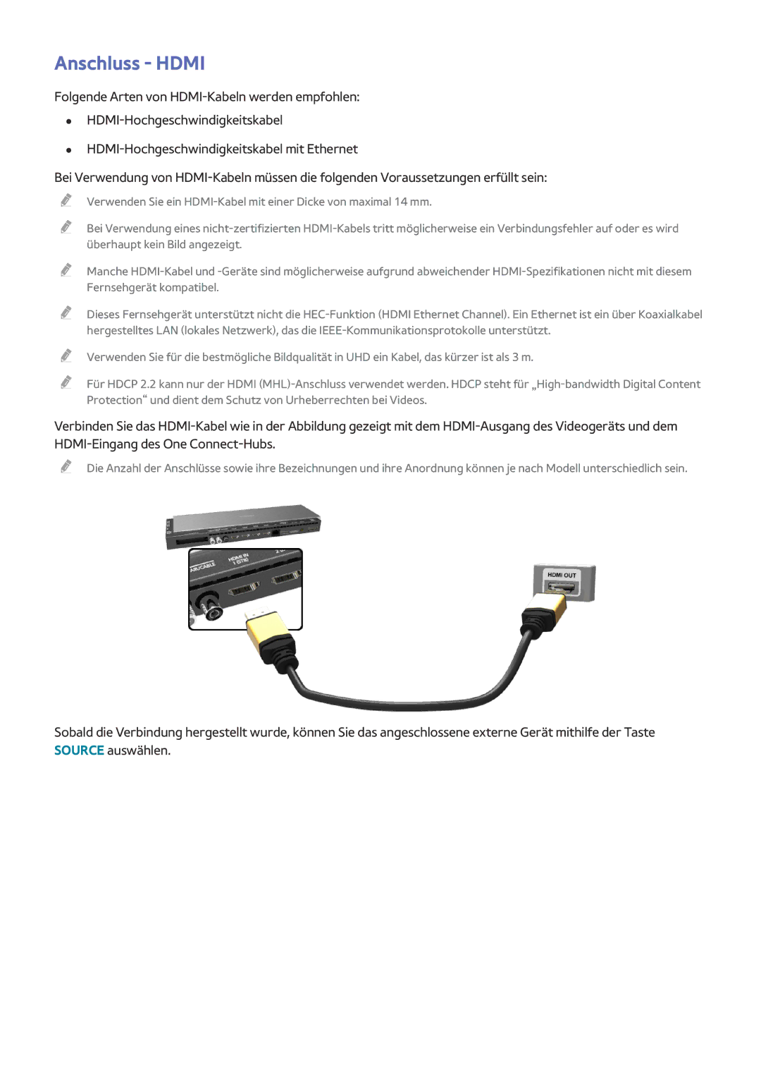 Samsung UE55HU8500LXXC, UE65HU8500LXXH, UE65HU8580QXZG, UE105S9WALXZG, UE55HU8505QXXE, UE78HU8500LXXH manual Anschluss Hdmi 