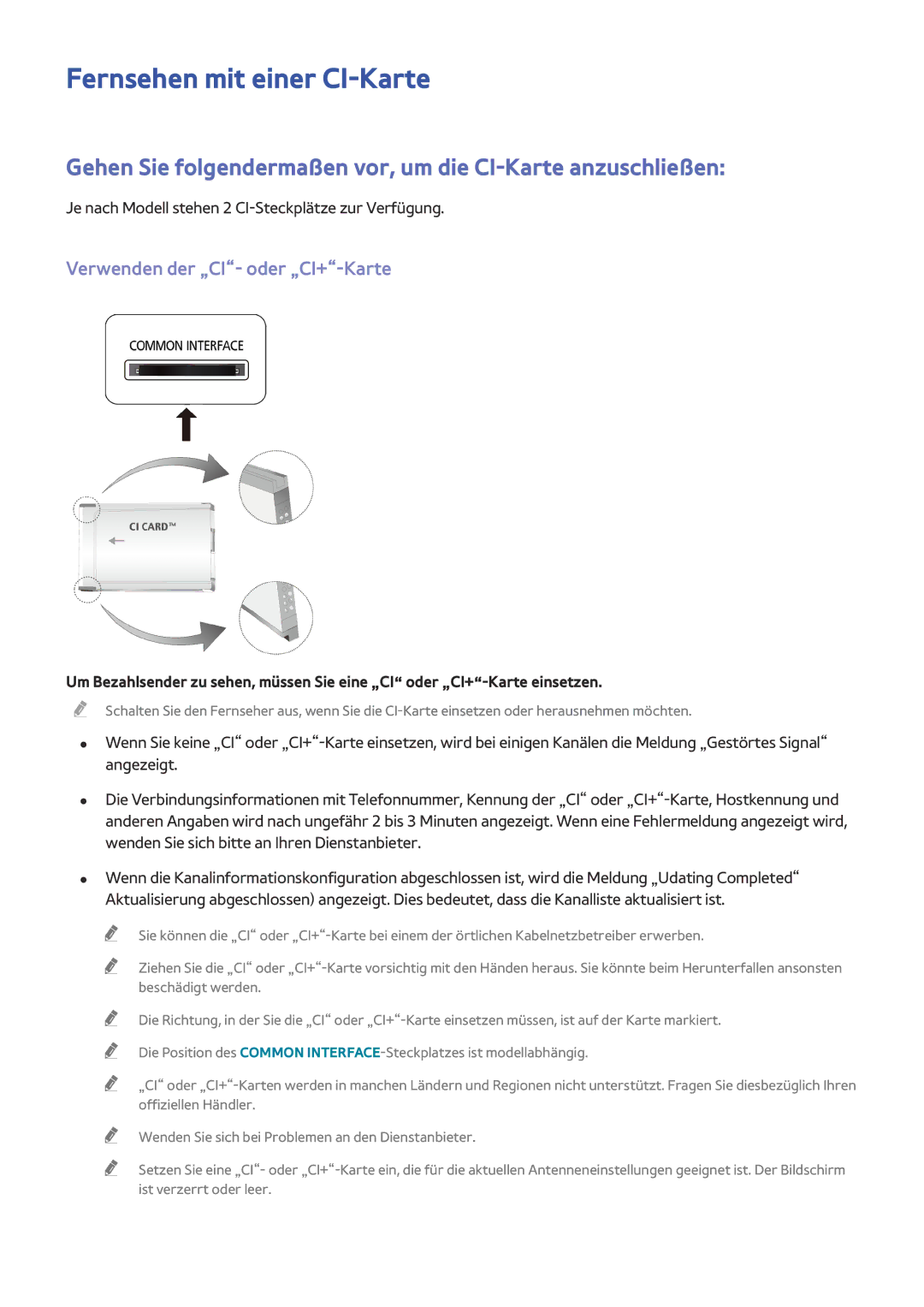 Samsung UE65HU8590VXZG manual Fernsehen mit einer CI-Karte, Gehen Sie folgendermaßen vor, um die CI-Karte anzuschließen 