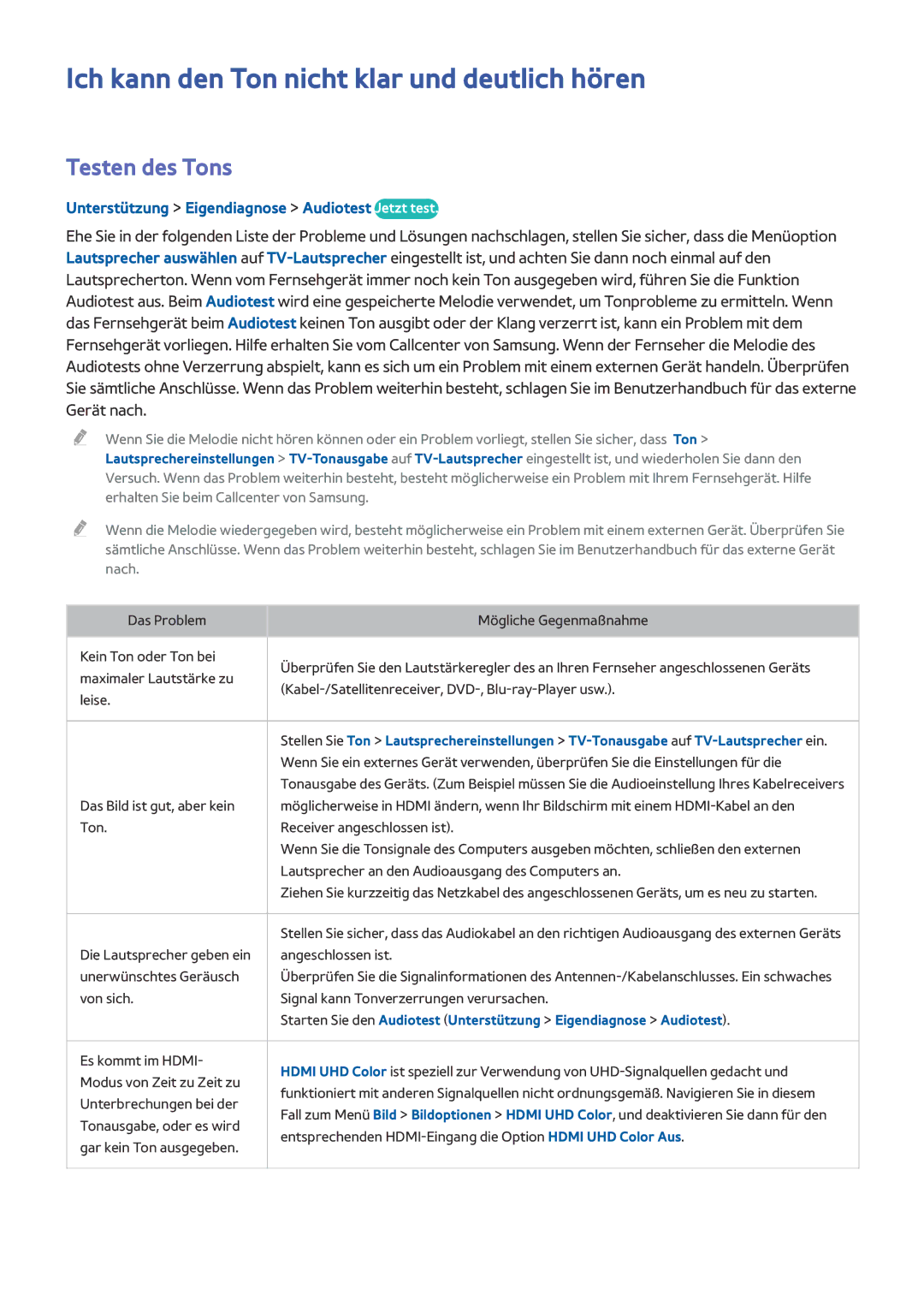 Samsung UE78HU8500LXXH, UE65HU8500LXXH, UE65HU8580QXZG manual Ich kann den Ton nicht klar und deutlich hören, Testen des Tons 