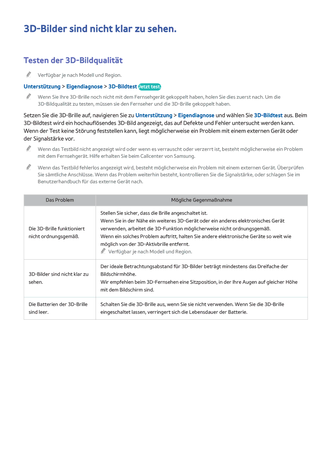 Samsung UE110S9STXZG, UE65HU8500LXXH, UE65HU8580QXZG manual 3D-Bilder sind nicht klar zu sehen, Testen der 3D-Bildqualität 