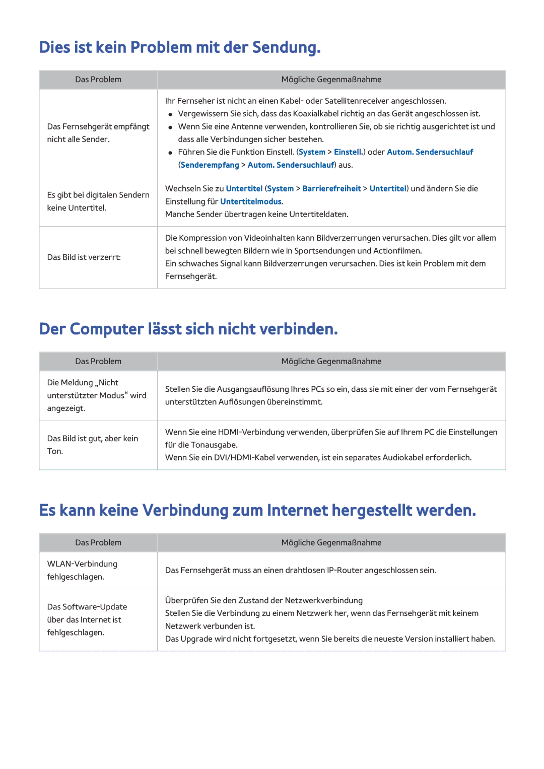 Samsung UE78HU8590VXZG, UE65HU8500LXXH manual Dies ist kein Problem mit der Sendung, Der Computer lässt sich nicht verbinden 