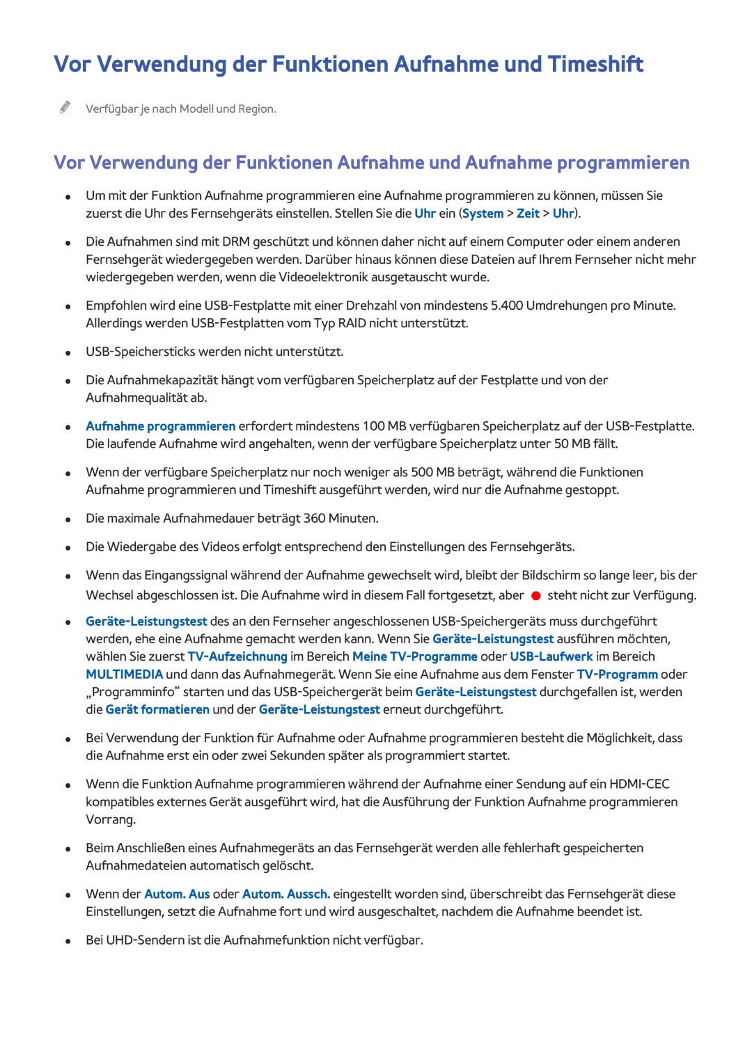 Samsung UE65HU8500TXXU, UE65HU8500LXXH, UE65HU8580QXZG, UE105S9WALXZG Vor Verwendung der Funktionen Aufnahme und Timeshift 