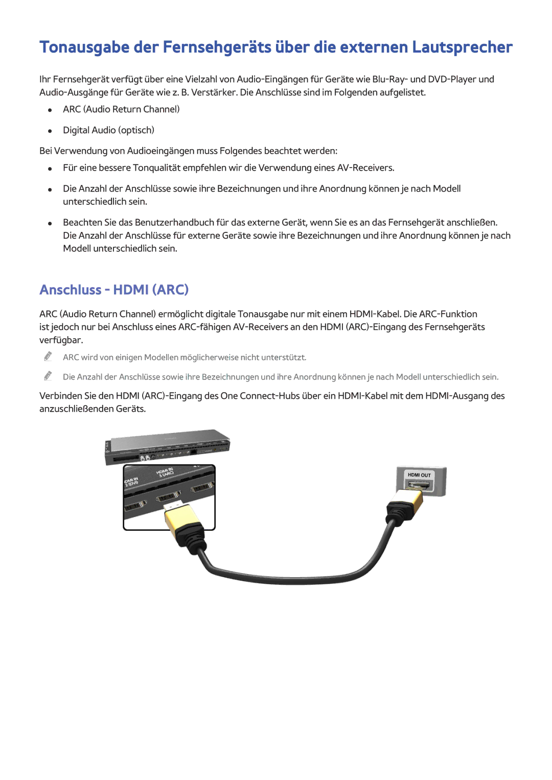 Samsung UE78HU8590VXZG, UE65HU8500LXXH Tonausgabe der Fernsehgeräts über die externen Lautsprecher, Anschluss Hdmi ARC 