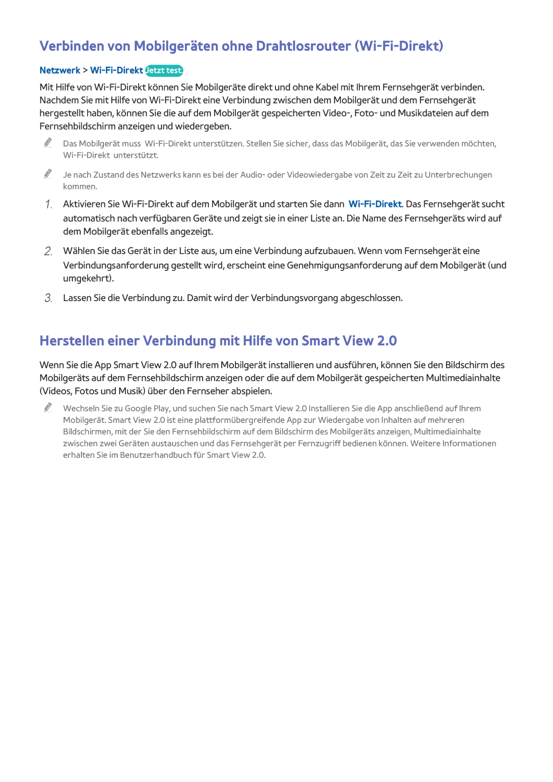 Samsung UE65HU8500LXXH manual Verbinden von Mobilgeräten ohne Drahtlosrouter Wi-Fi-Direkt, Netzwerk Wi-Fi-Direkt Jetzt test 
