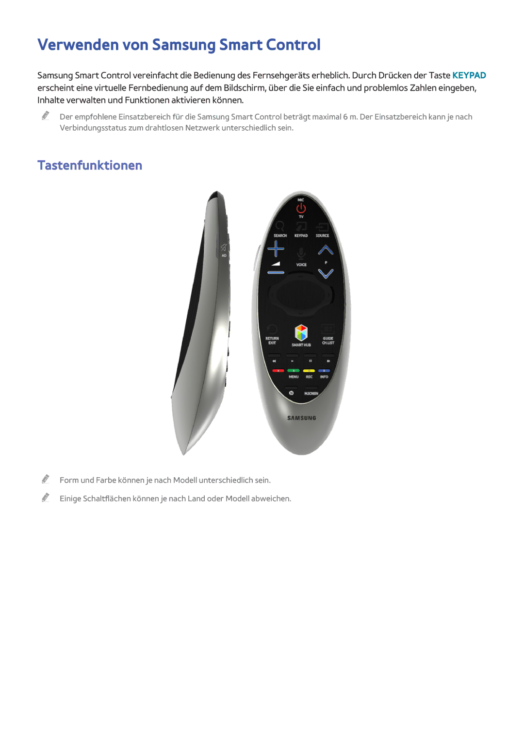 Samsung UE78HU8500LXXH, UE65HU8500LXXH, UE65HU8580QXZG, UE105S9WALXZG Verwenden von Samsung Smart Control, Tastenfunktionen 