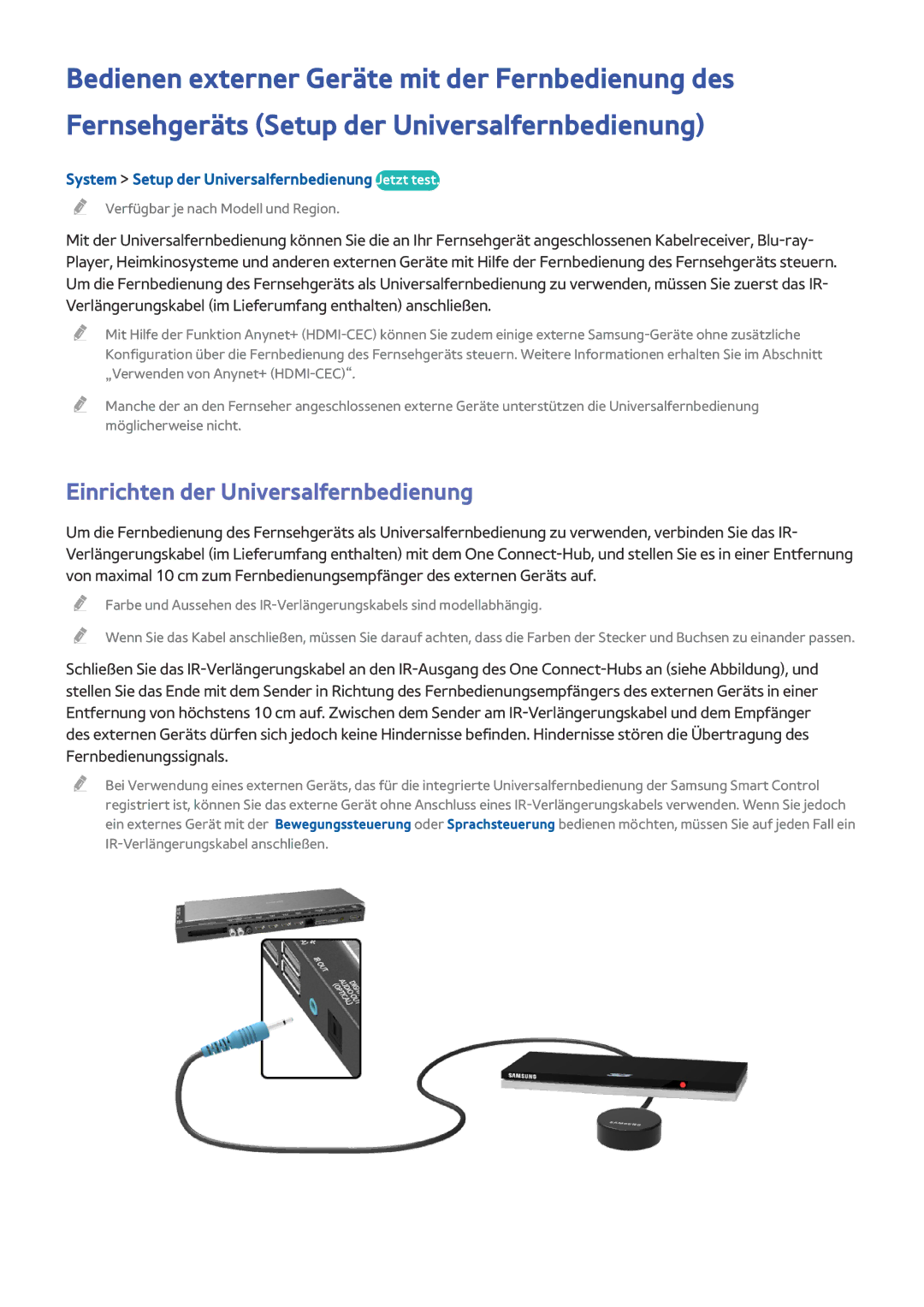 Samsung UE65HU8500TXXU manual Einrichten der Universalfernbedienung, System Setup der Universalfernbedienung Jetzt test 