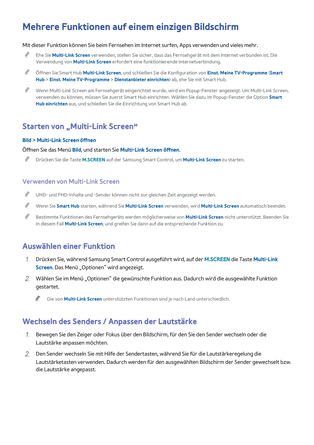 Samsung UE65HU8500LXZF, UE65HU8500LXXH Mehrere Funktionen auf einem einzigen Bildschirm, Starten von „Multi-Link Screen 