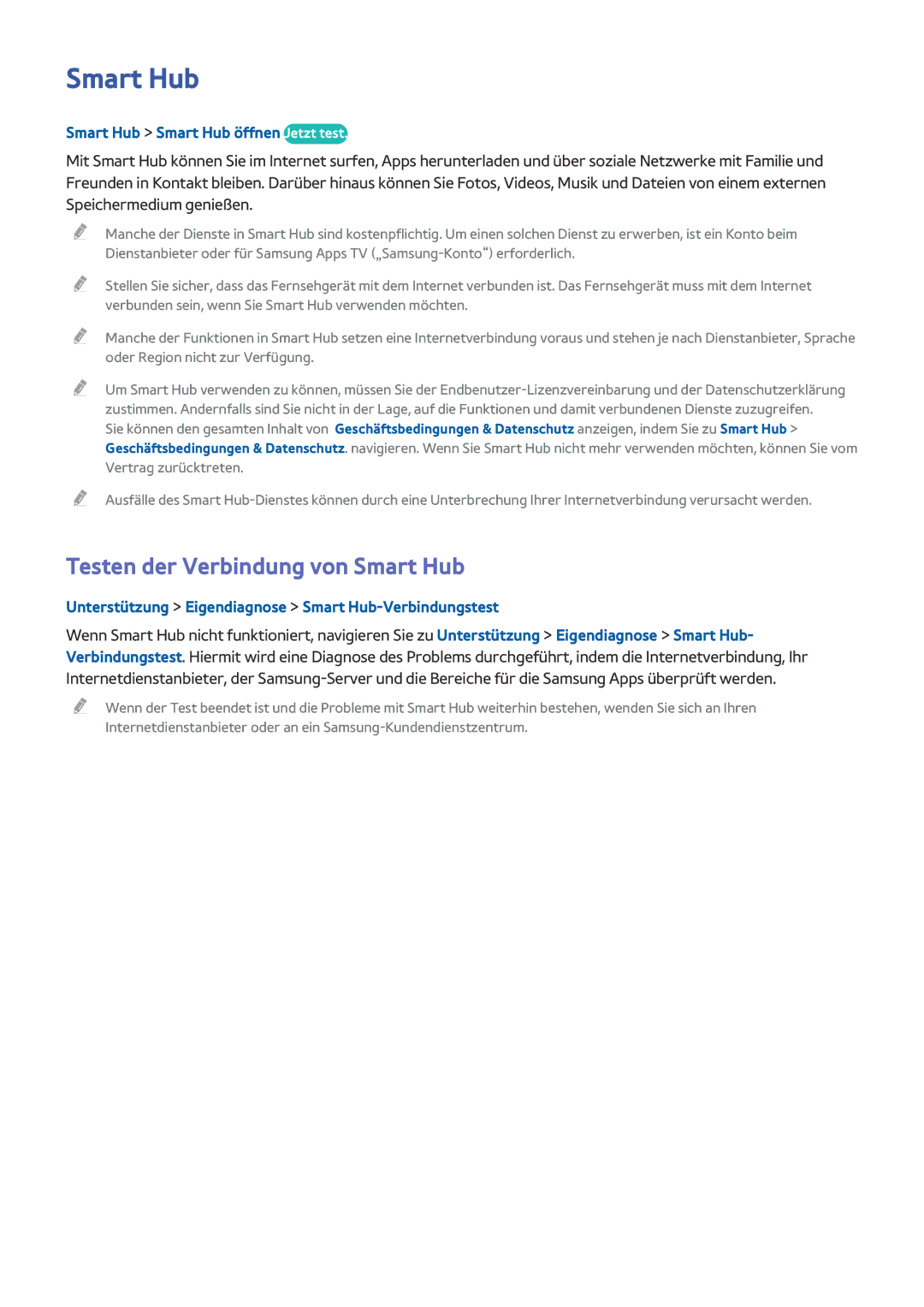 Samsung UE65HU8500LXXH, UE65HU8580QXZG manual Testen der Verbindung von Smart Hub, Smart Hub Smart Hub öffnen Jetzt test 