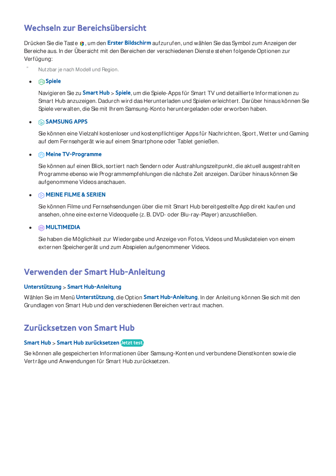 Samsung UE105S9WALXZG manual Wechseln zur Bereichsübersicht, Verwenden der Smart Hub-Anleitung, Zurücksetzen von Smart Hub 