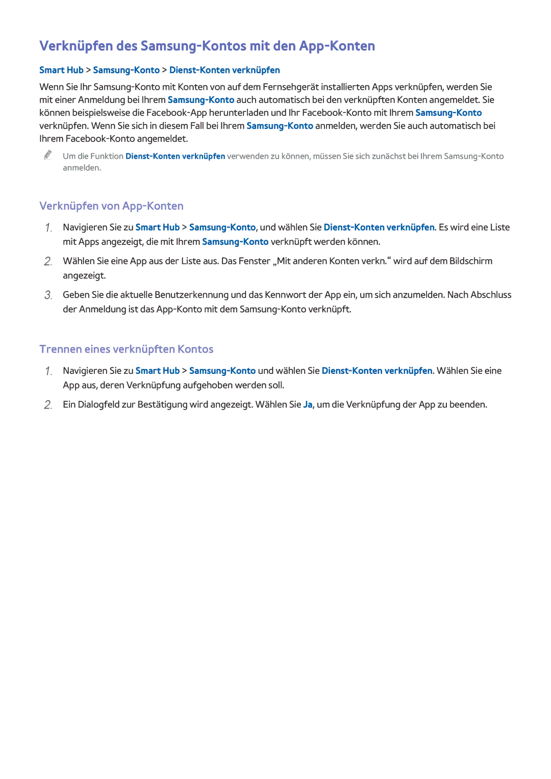 Samsung UE110S9STXZG, UE65HU8500LXXH manual Verknüpfen des Samsung-Kontos mit den App-Konten, Verknüpfen von App-Konten 