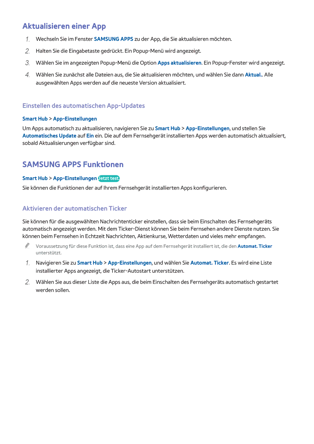 Samsung UE105S9WALXZG manual Aktualisieren einer App, Samsung Apps Funktionen, Einstellen des automatischen App-Updates 