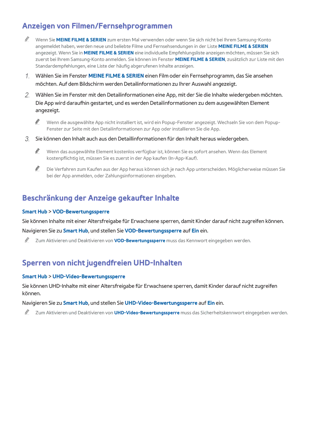 Samsung UE55HU8590VXZG, UE65HU8500LXXH Anzeigen von Filmen/Fernsehprogrammen, Beschränkung der Anzeige gekaufter Inhalte 