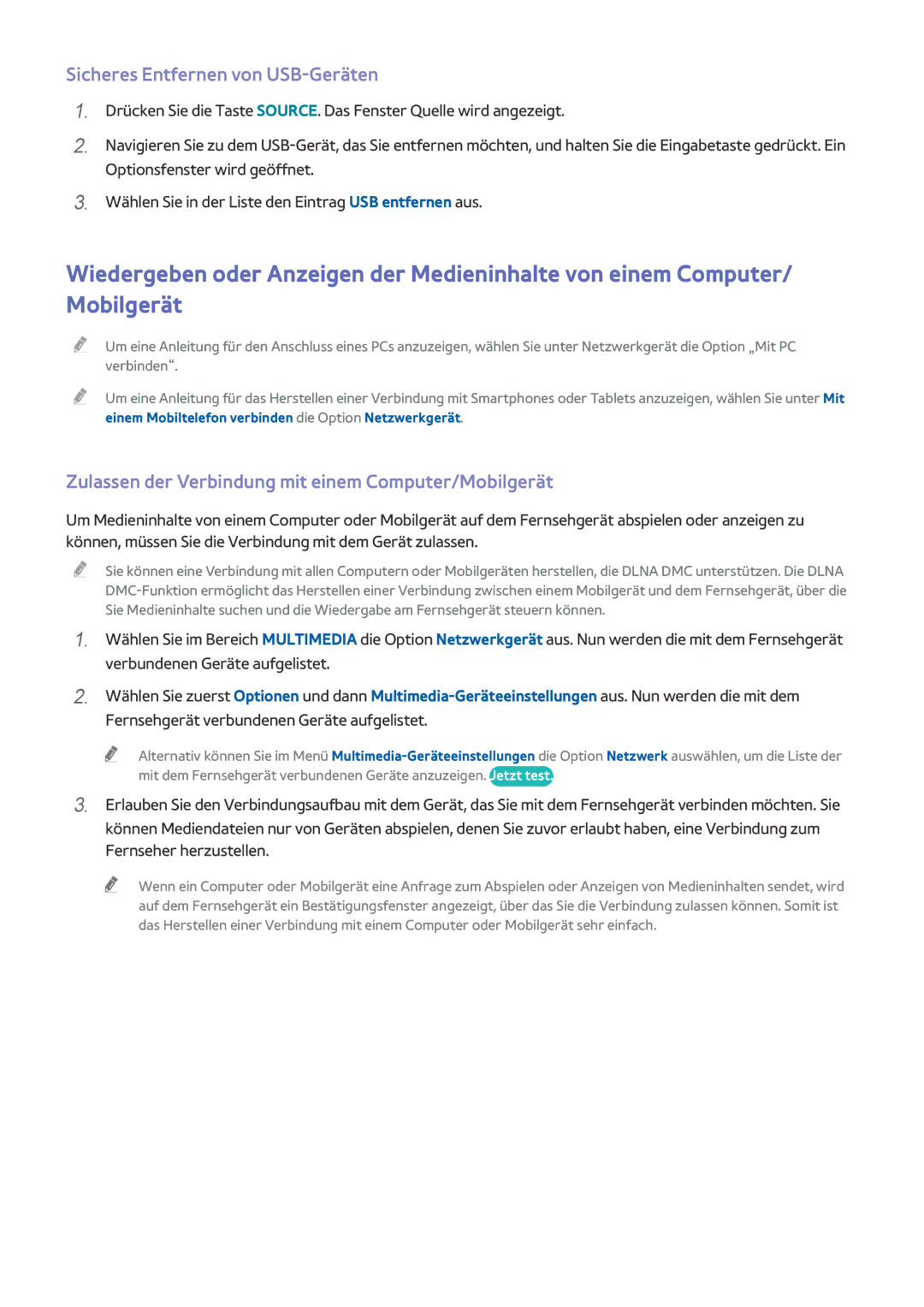 Samsung UE65HU8590VXZG manual Sicheres Entfernen von USB-Geräten, Zulassen der Verbindung mit einem Computer/Mobilgerät 