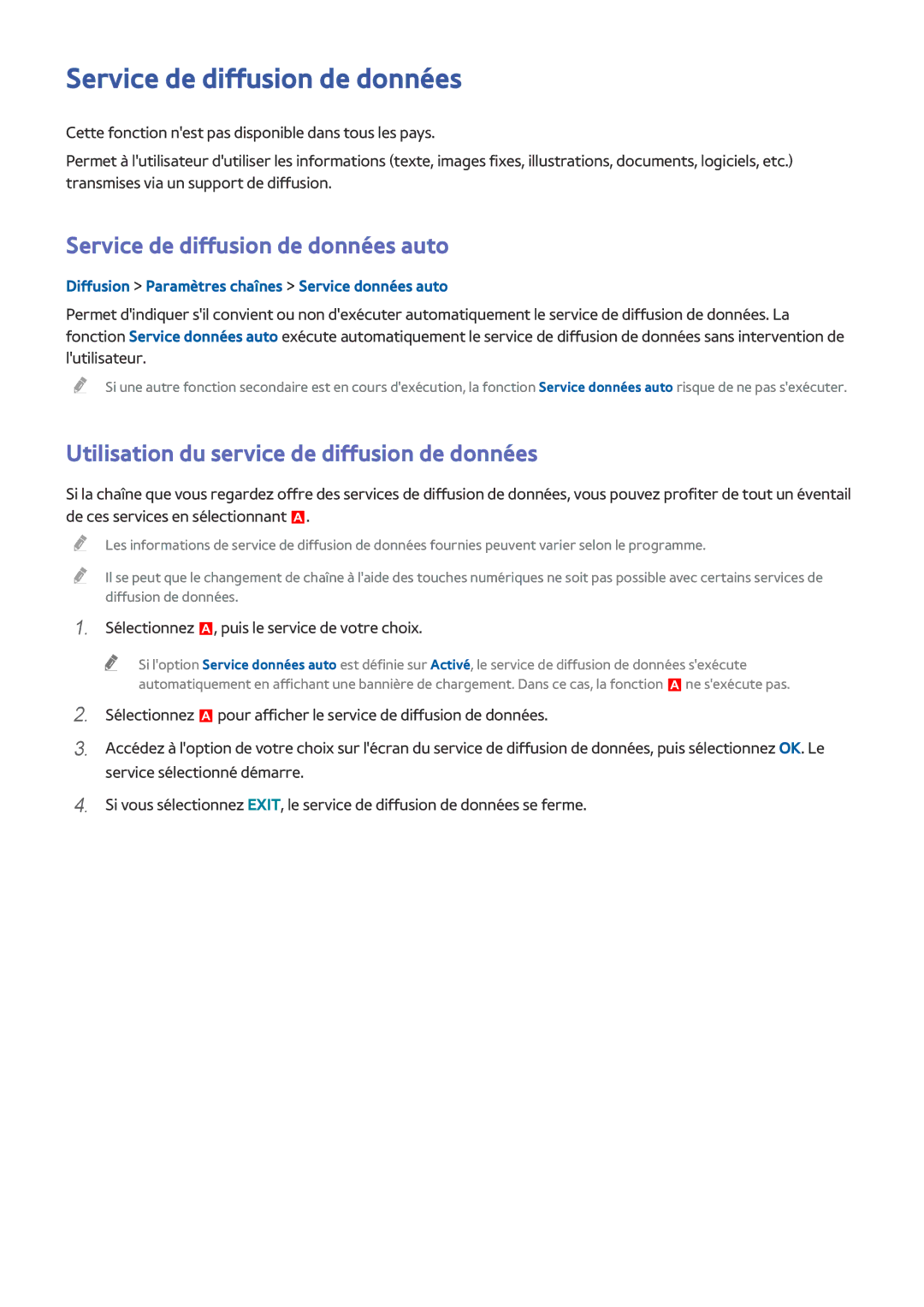 Samsung UE105S9WALXZF manual Service de diffusion de données auto, Utilisation du service de diffusion de données 