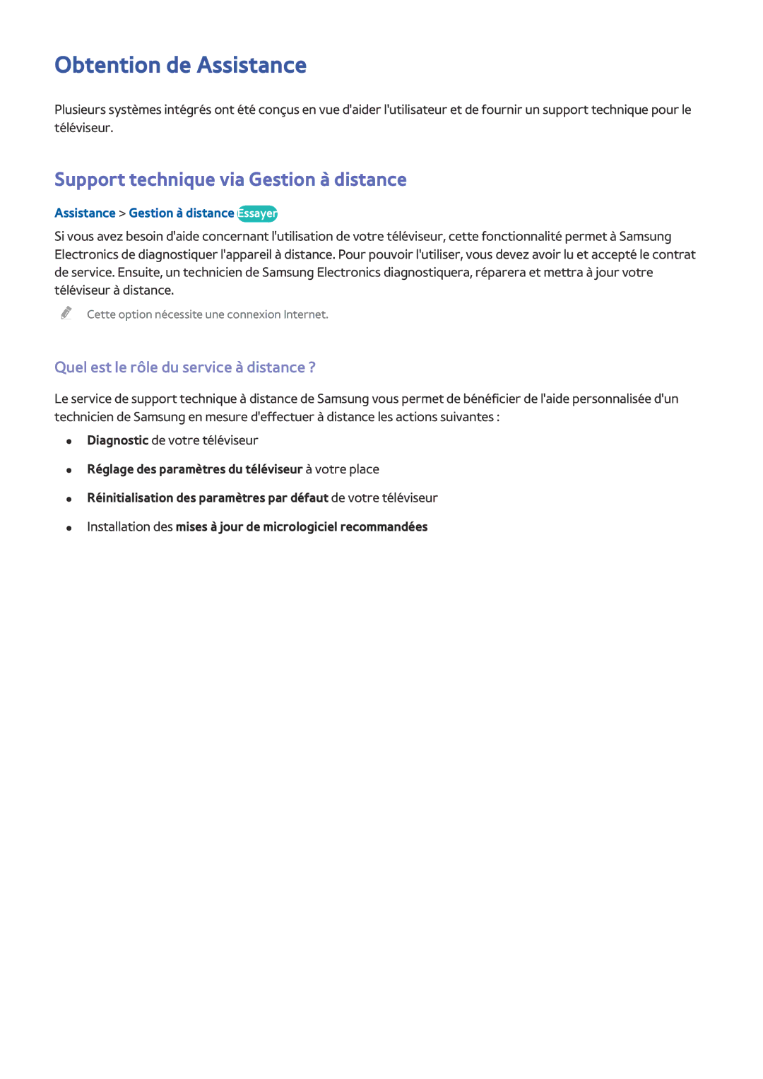 Samsung UE65HU8500LXZF, UE78HU8500LXZF, UE105S9WALXZF Obtention de Assistance, Support technique via Gestion à distance 