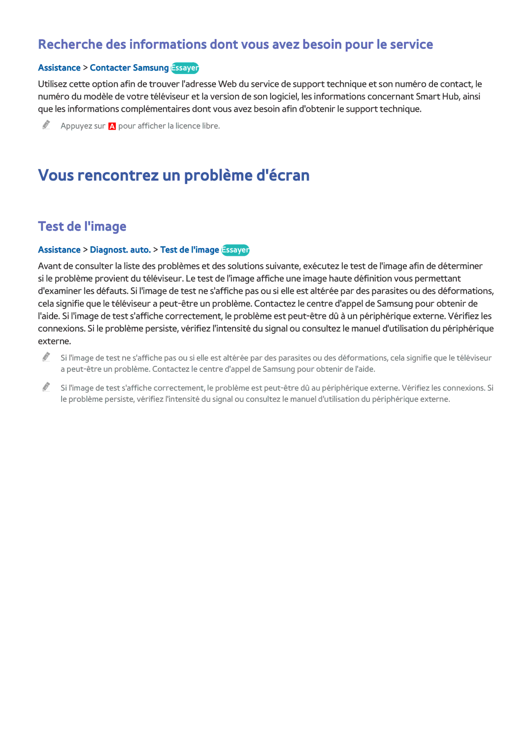 Samsung UE105S9WALXZF manual Vous rencontrez un problème décran, Test de limage, Assistance Contacter Samsung Essayer 