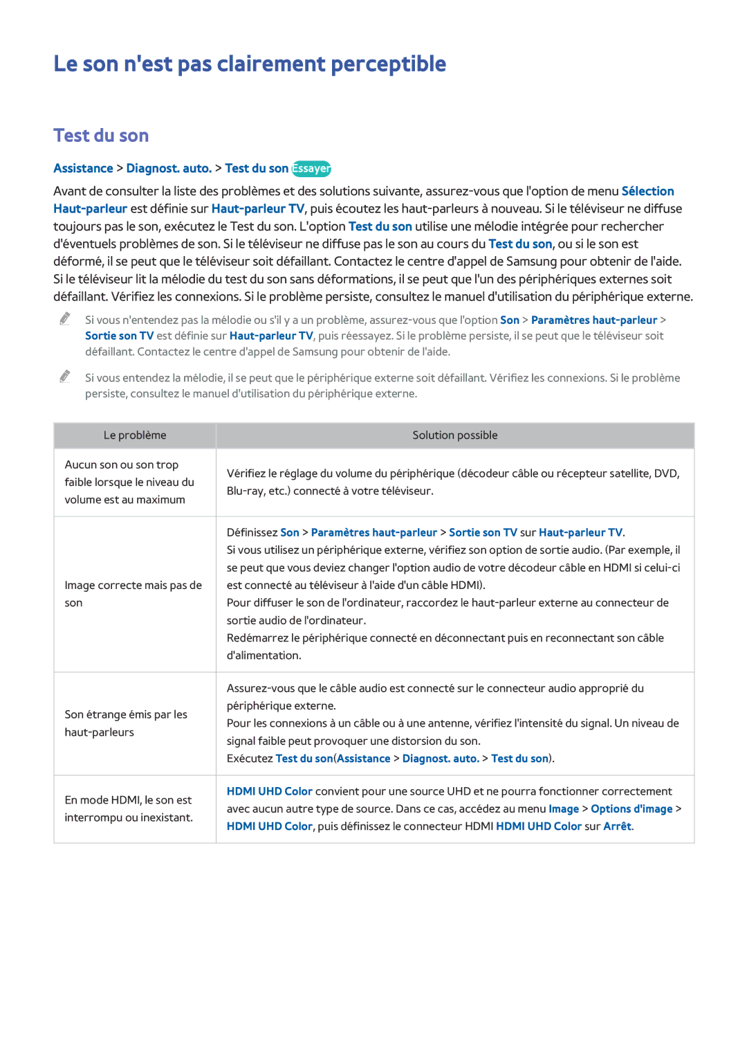 Samsung UE78HU8500LXZF manual Le son nest pas clairement perceptible, Assistance Diagnost. auto. Test du son Essayer 