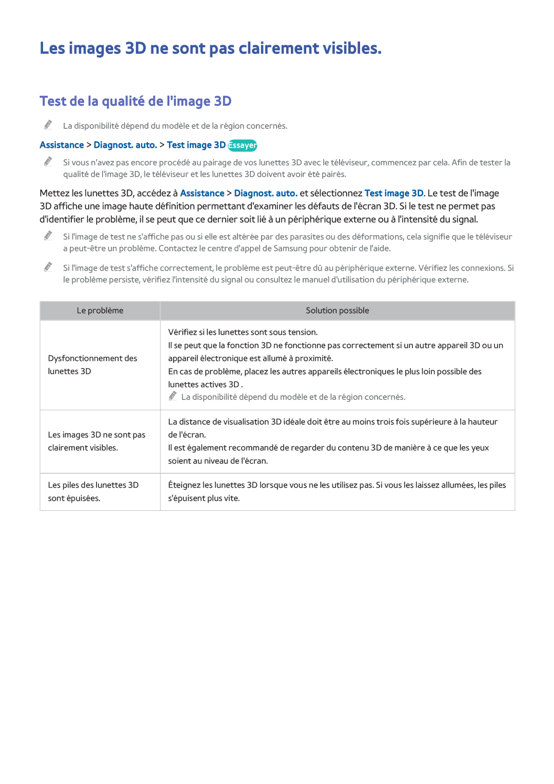 Samsung UE105S9WALXZF, UE65HU8500LXZF manual Les images 3D ne sont pas clairement visibles, Test de la qualité de limage 3D 