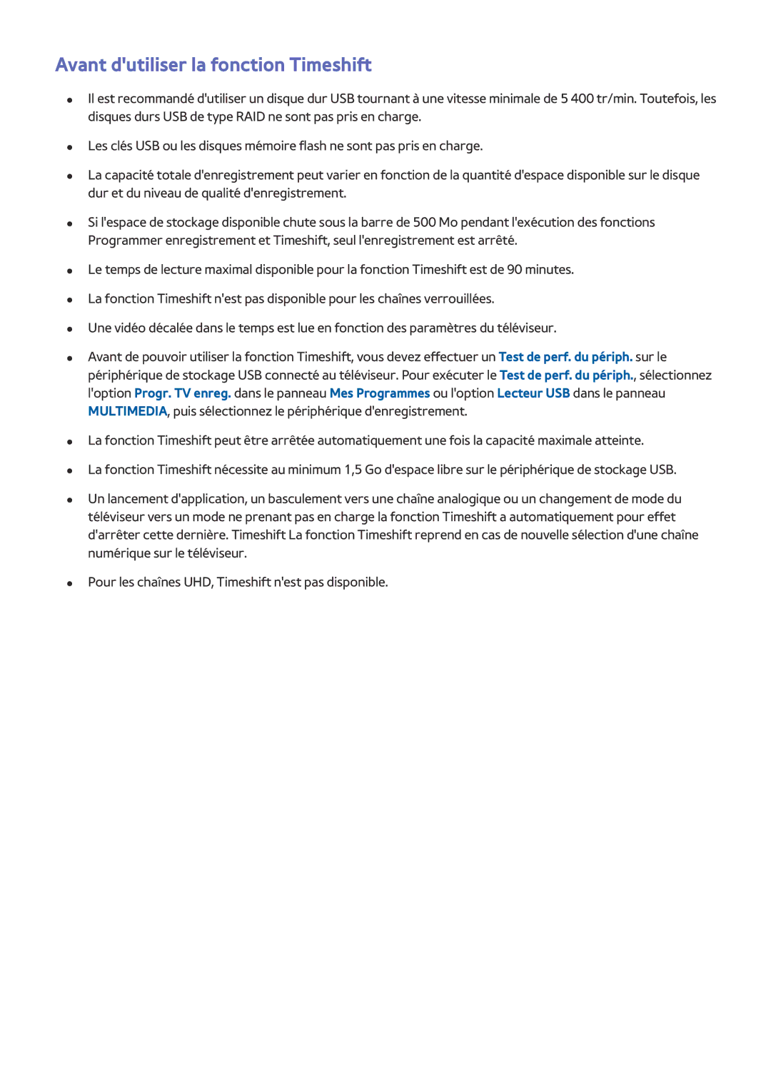 Samsung UE55HU8500LXZF, UE65HU8500LXZF, UE78HU8500LXZF, UE105S9WALXZF manual Avant dutiliser la fonction Timeshift 