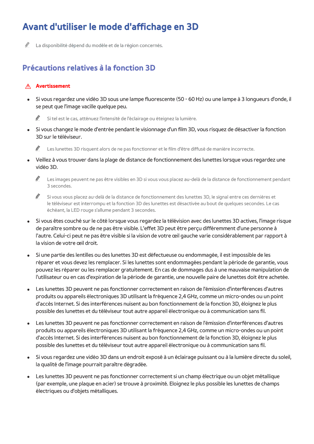 Samsung UE78HU8500LXZF, UE65HU8500LXZF Avant dutiliser le mode daffichage en 3D, Précautions relatives à la fonction 3D 