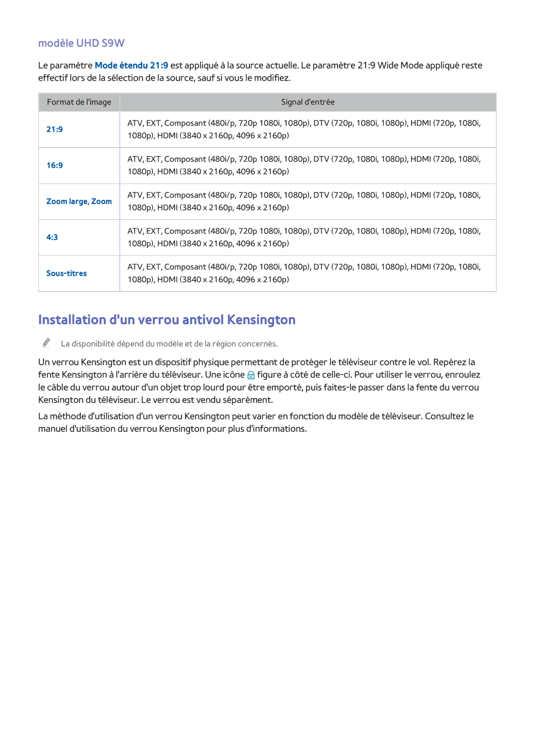 Samsung UE78HU8500LXZF, UE65HU8500LXZF, UE105S9WALXZF manual Installation dun verrou antivol Kensington, Modèle UHD S9W, 219 