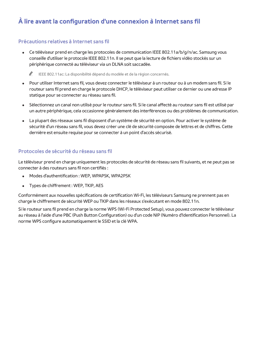 Samsung UE105S9WALXZF, UE65HU8500LXZF Précautions relatives à Internet sans fil, Protocoles de sécurité du réseau sans fil 