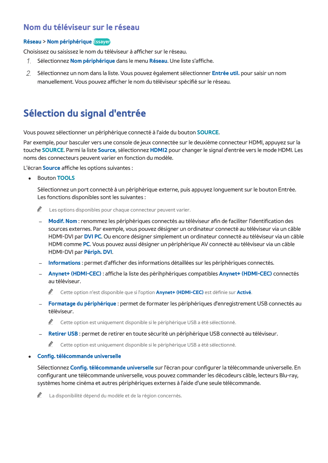 Samsung UE65HU8500LXZF manual Sélection du signal dentrée, Nom du téléviseur sur le réseau, Réseau Nom périphérique Essayer 