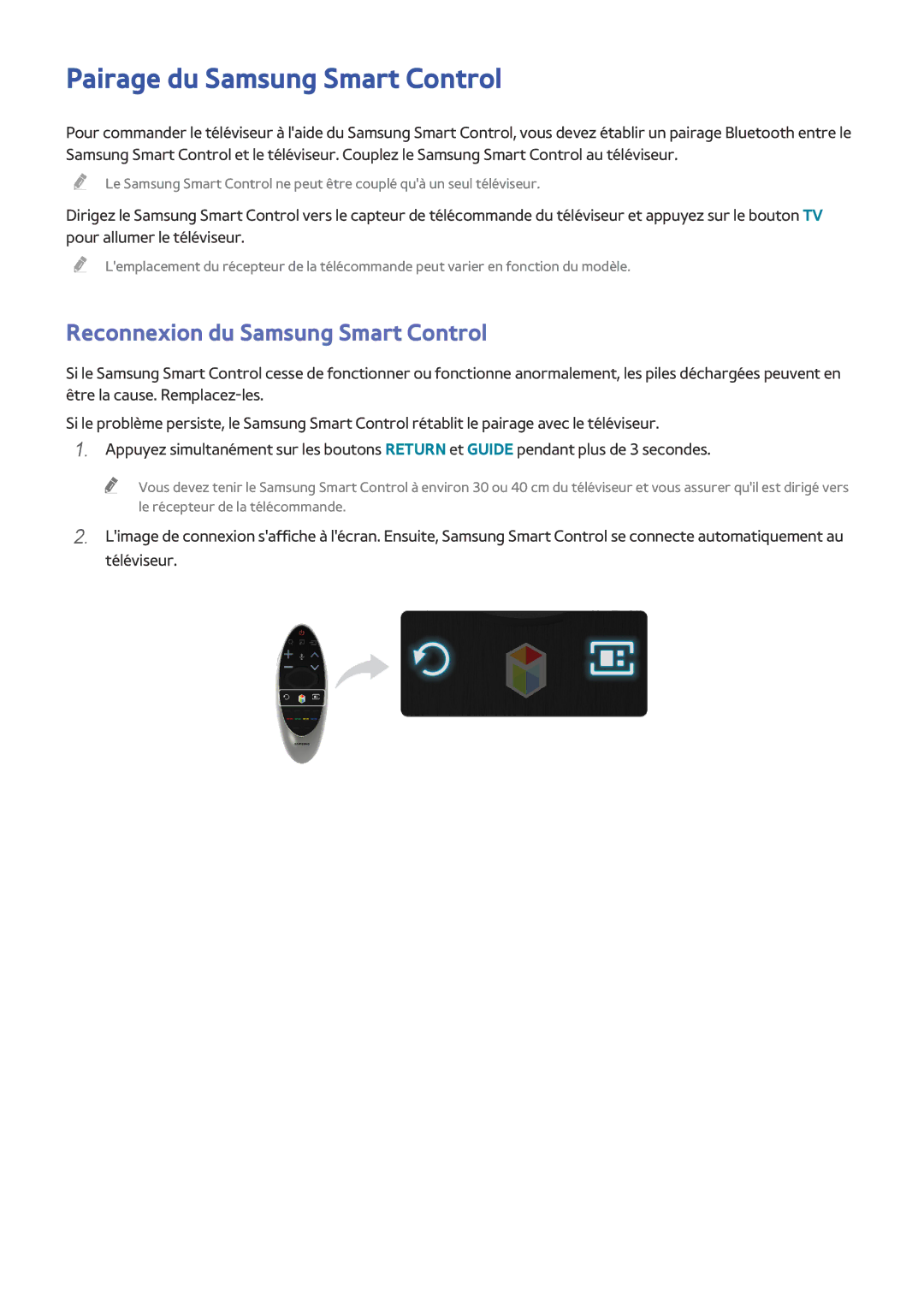 Samsung UE105S9WALXZF, UE65HU8500LXZF manual Pairage du Samsung Smart Control, Reconnexion du Samsung Smart Control 