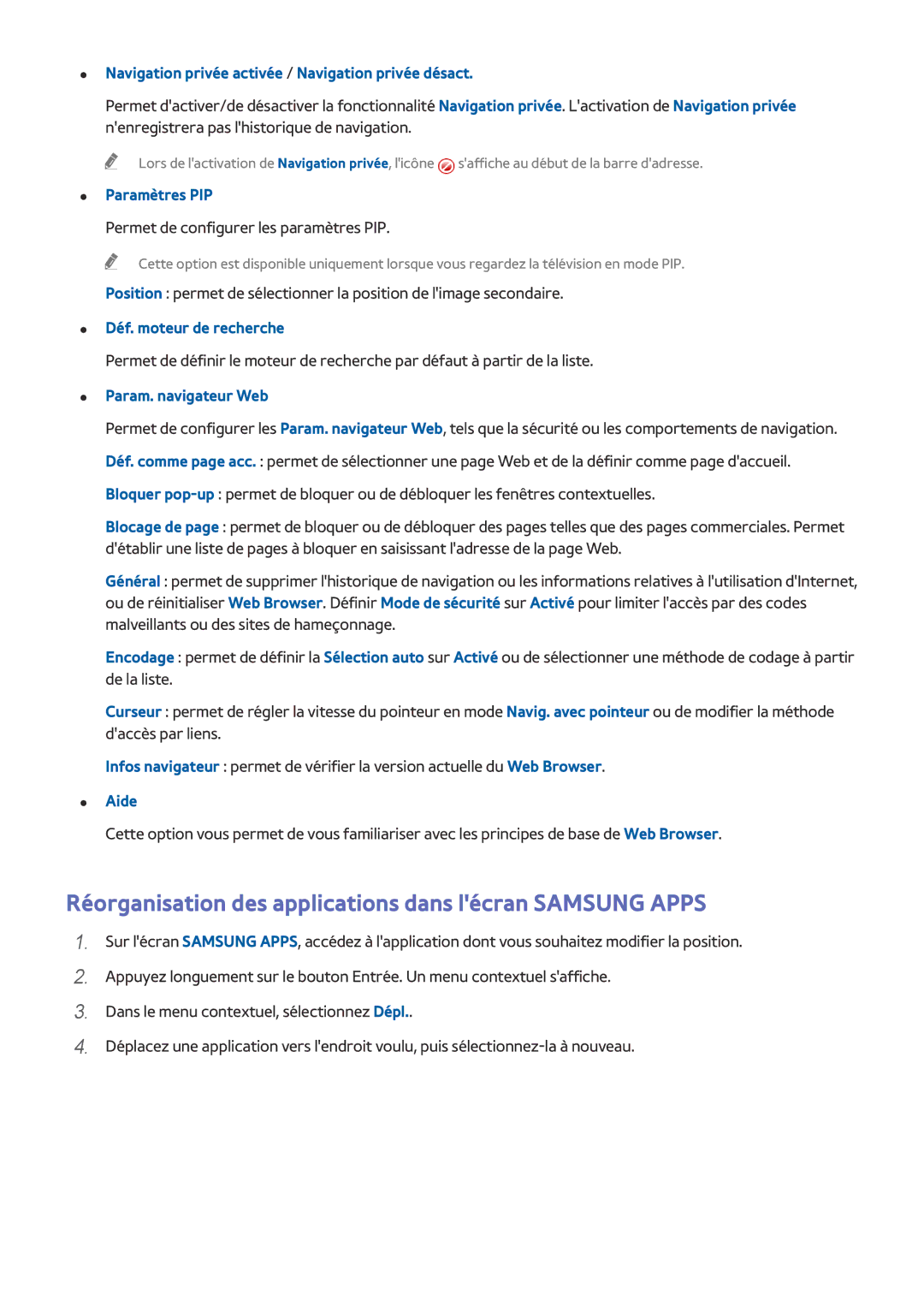 Samsung UE78HU8500LXZF, UE65HU8500LXZF, UE105S9WALXZF manual Réorganisation des applications dans lécran Samsung Apps 