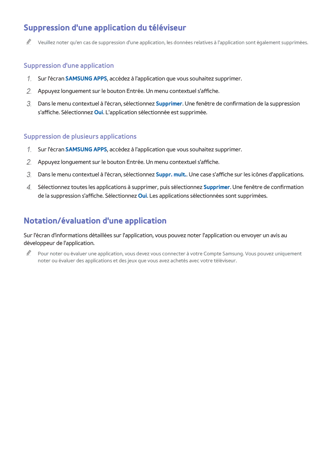 Samsung UE105S9WALXZF, UE65HU8500LXZF Suppression dune application du téléviseur, Notation/évaluation dune application 