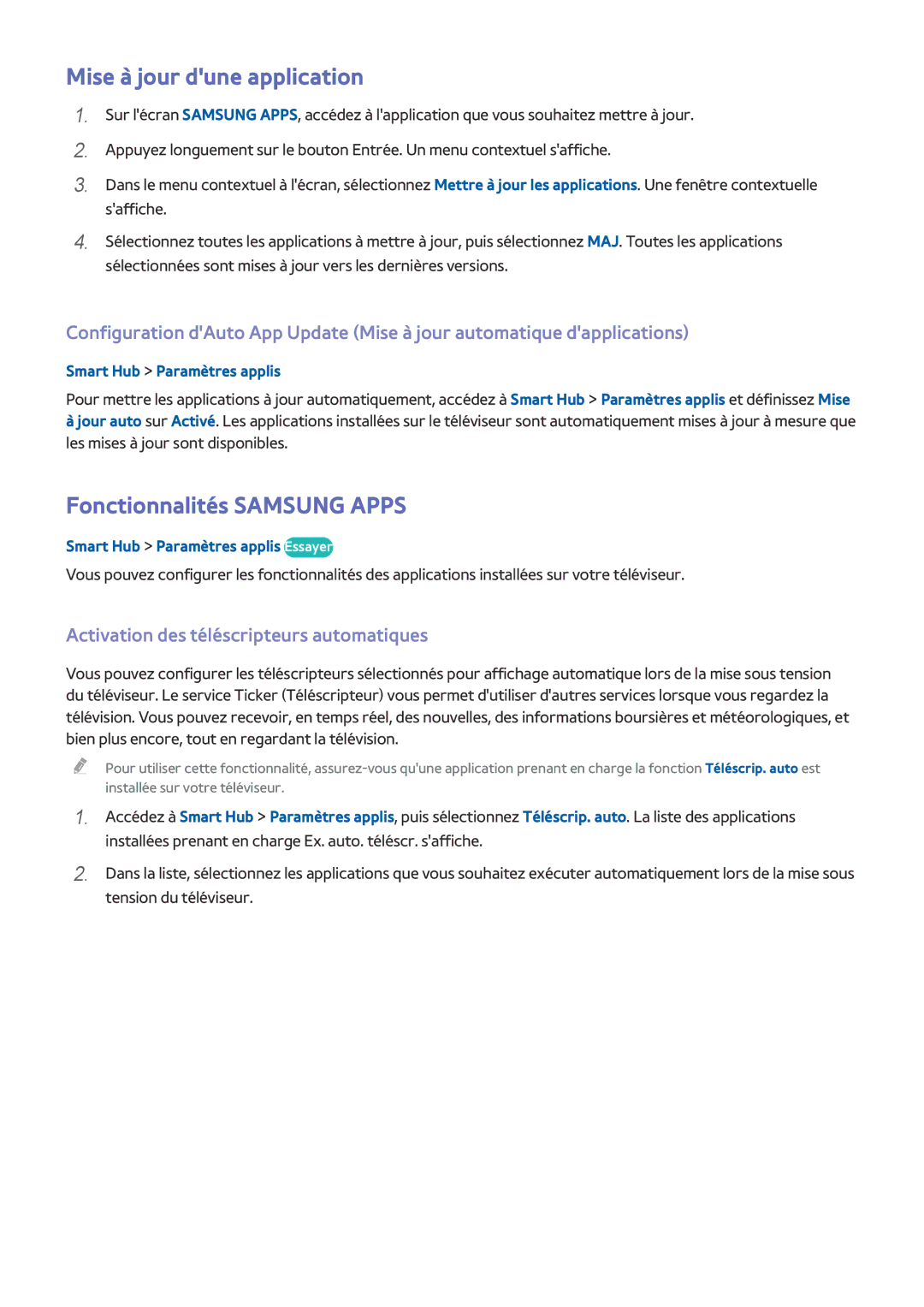 Samsung UE55HU8500LXZF manual Mise à jour dune application, Fonctionnalités Samsung Apps, Smart Hub Paramètres applis 