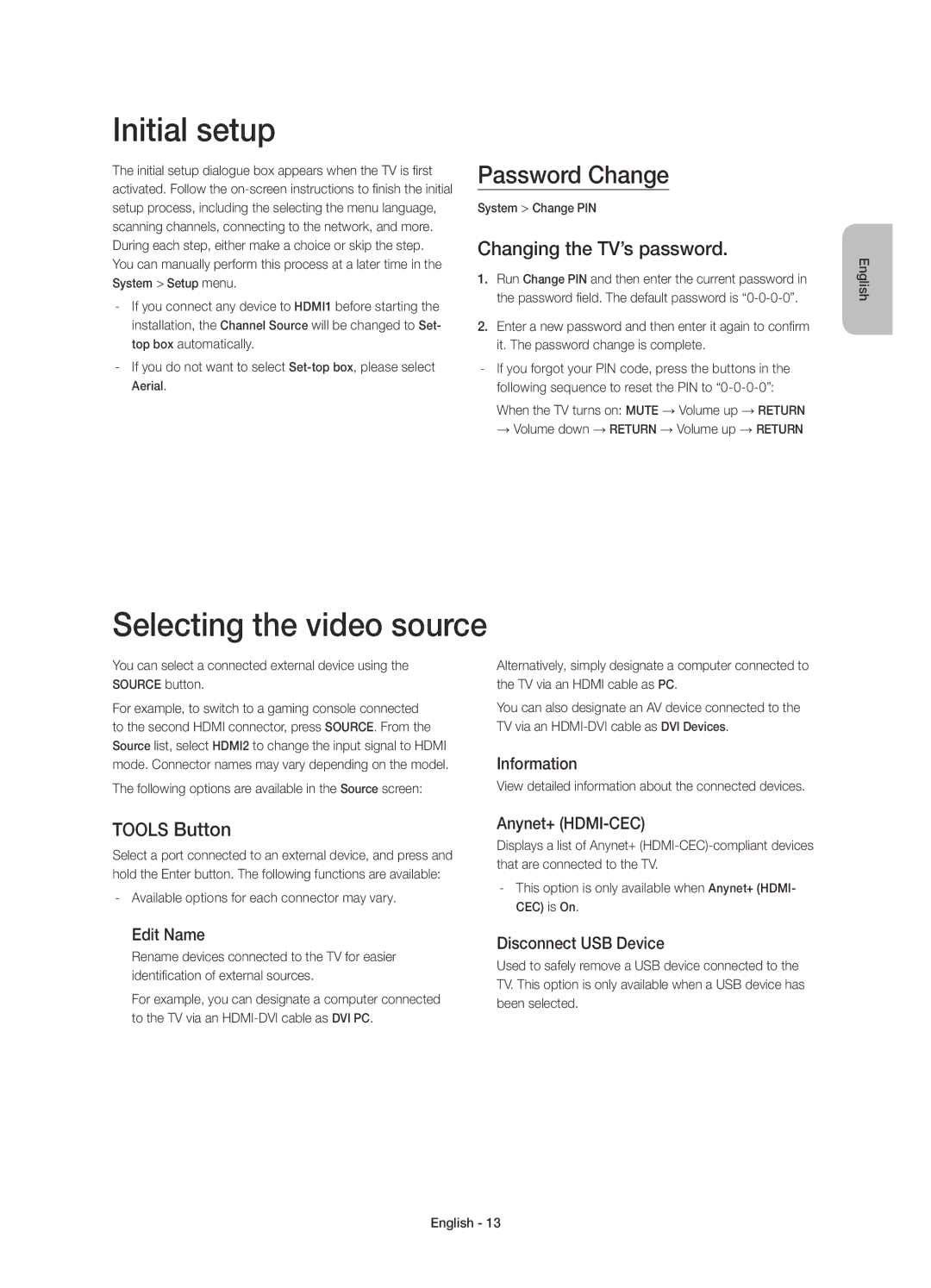 Samsung UE55HU8700TXUZ manual Initial setup, Selecting the video source, Password Change, Changing the TV’s password 