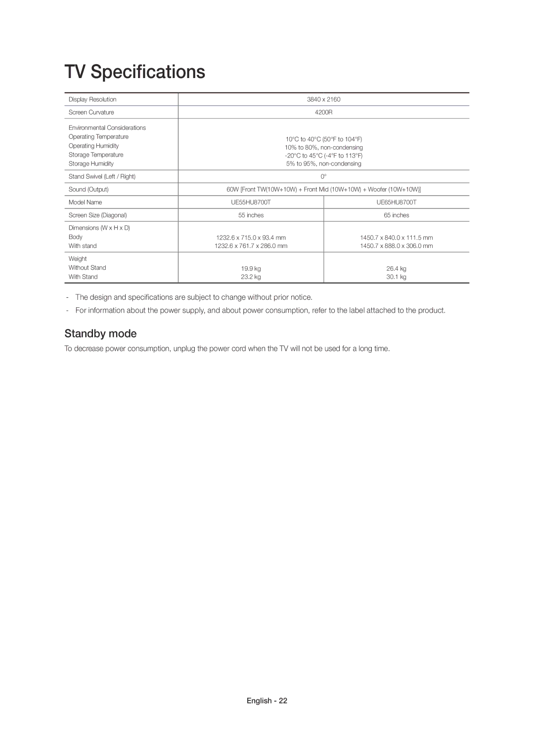 Samsung UE65HU8700TXUZ, UE65HU8700TXRU, UE55HU8700TXUZ, UE55HU8700TXRU manual TV Specifications, Standby mode 